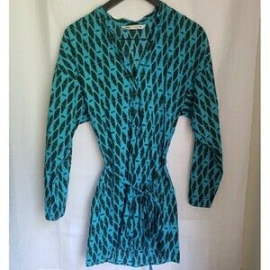 Zara Blue Green Geometric Lightweight Tie Waist Button Cotton Dress Women's  XS